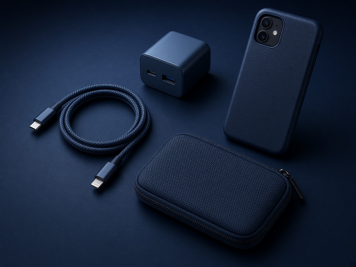 Cables, cargador y funda dispuestos sobre una mesa oscura