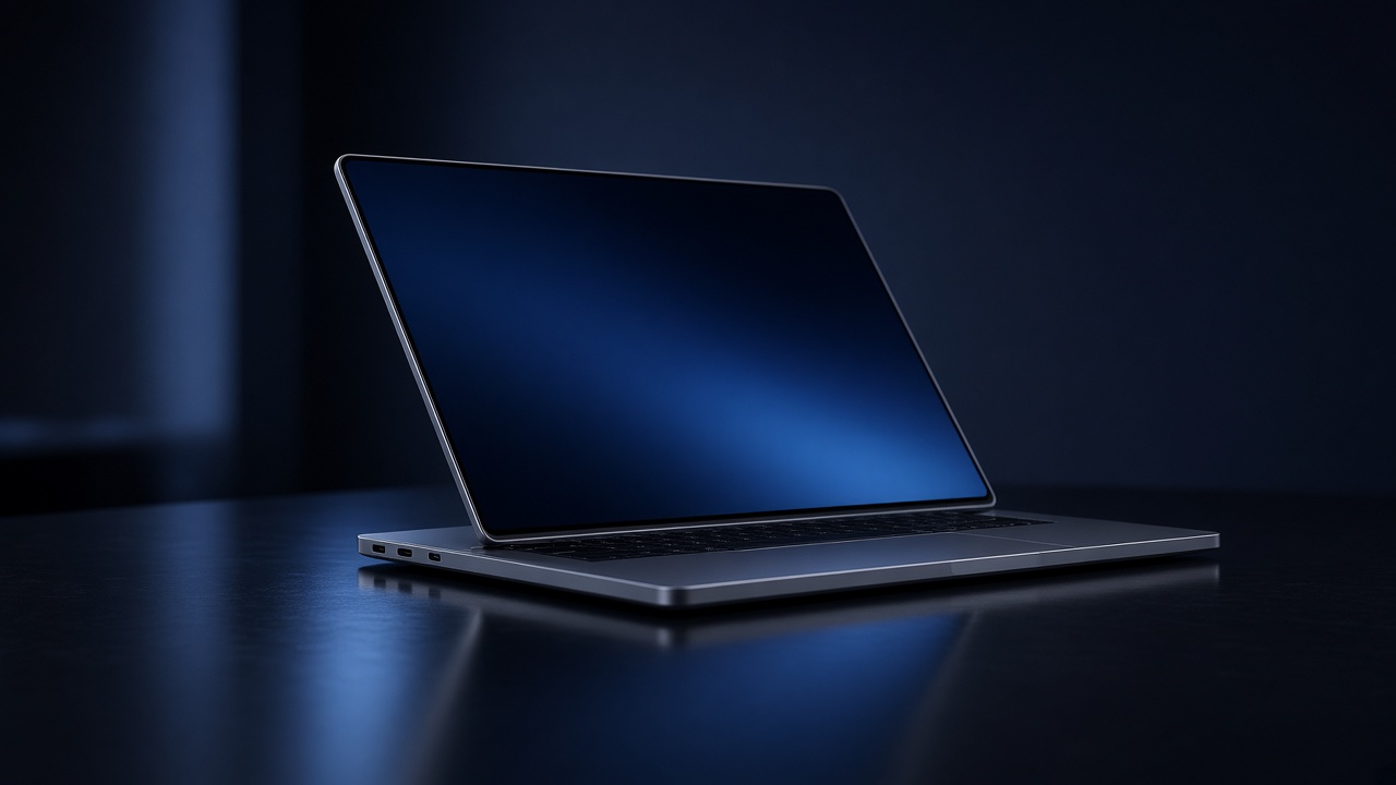 MacBook abierto con pantalla en degradé azul